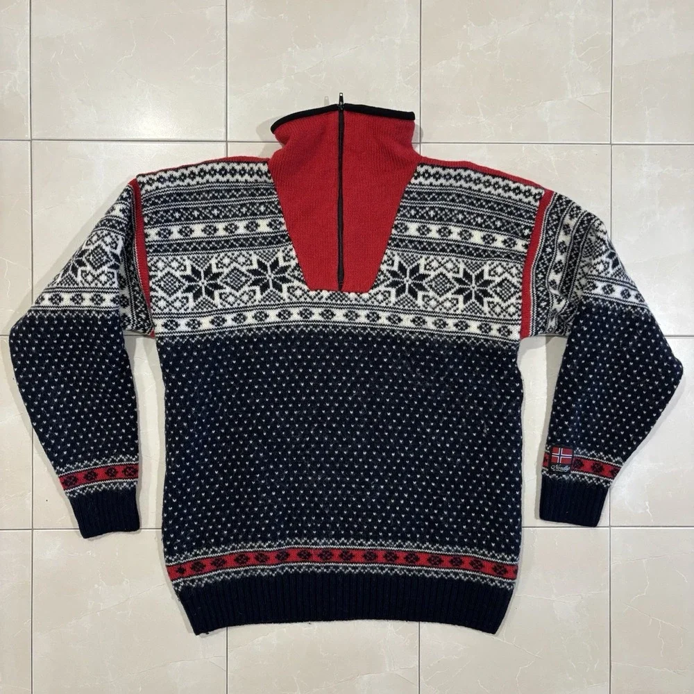 Vintage Fair Isle Sweater Birds Eye Norway Pure Wool Nordys Mens L Blue Red